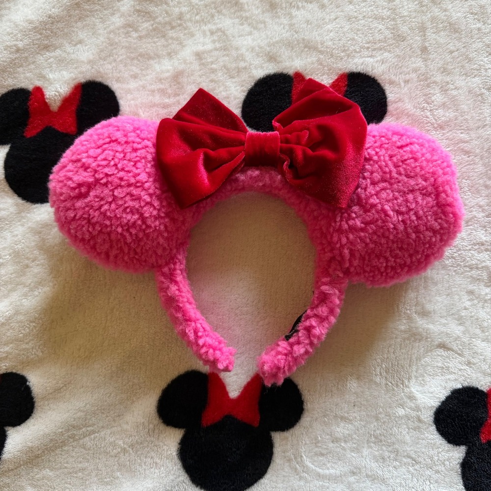 Sparkling Dreamers Pink Plush Mouse Ears Headband Red Velvet Bow Disney - AC1619